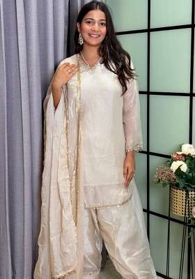 Off White Mirror Work Silk Palazzo Set