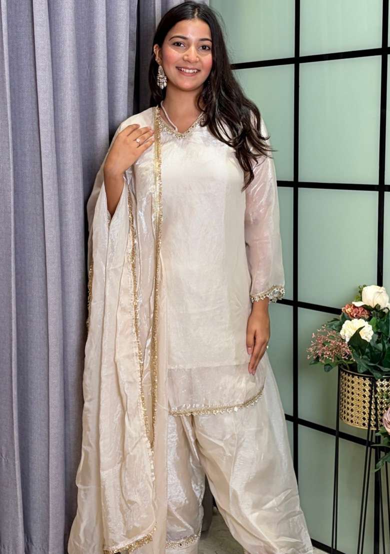 Off White Mirror Work Silk Palazzo Set - Indya