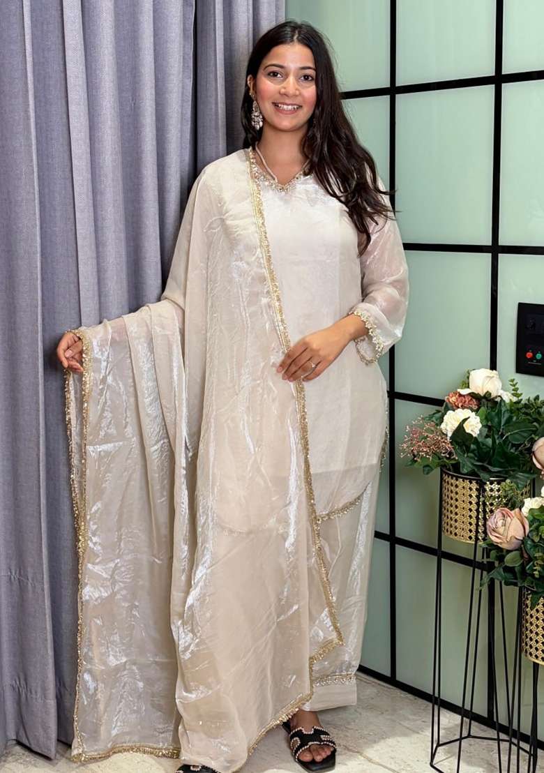 Off White Mirror Work Silk Palazzo Set - Indya