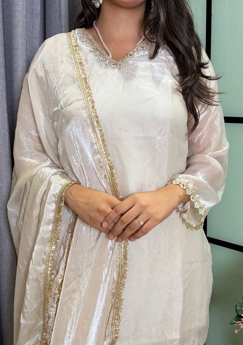 Off White Mirror Work Silk Palazzo Set - Indya