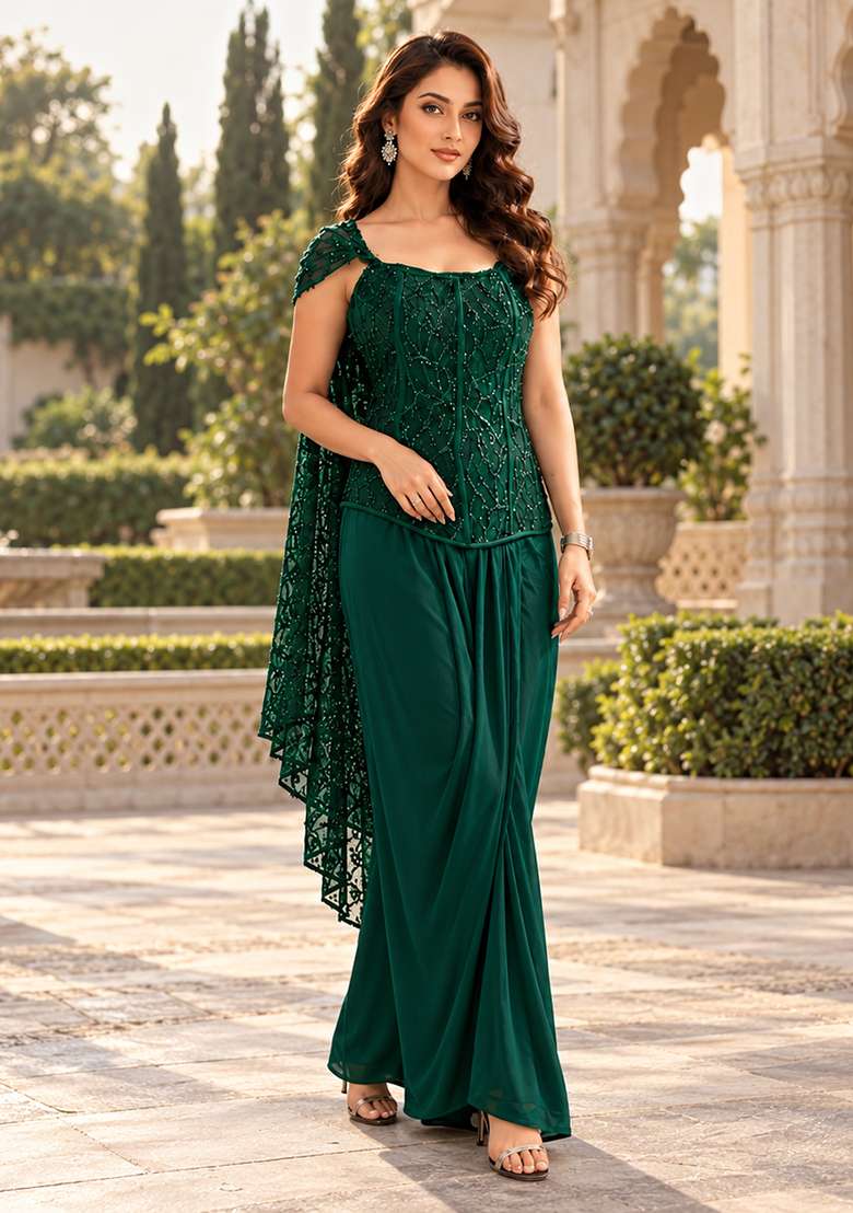 Emerald Green Corset Drape in Imported with Hand Crepe Dress with Embroidery for Diwali | Wedding & Festive Wear - Indya