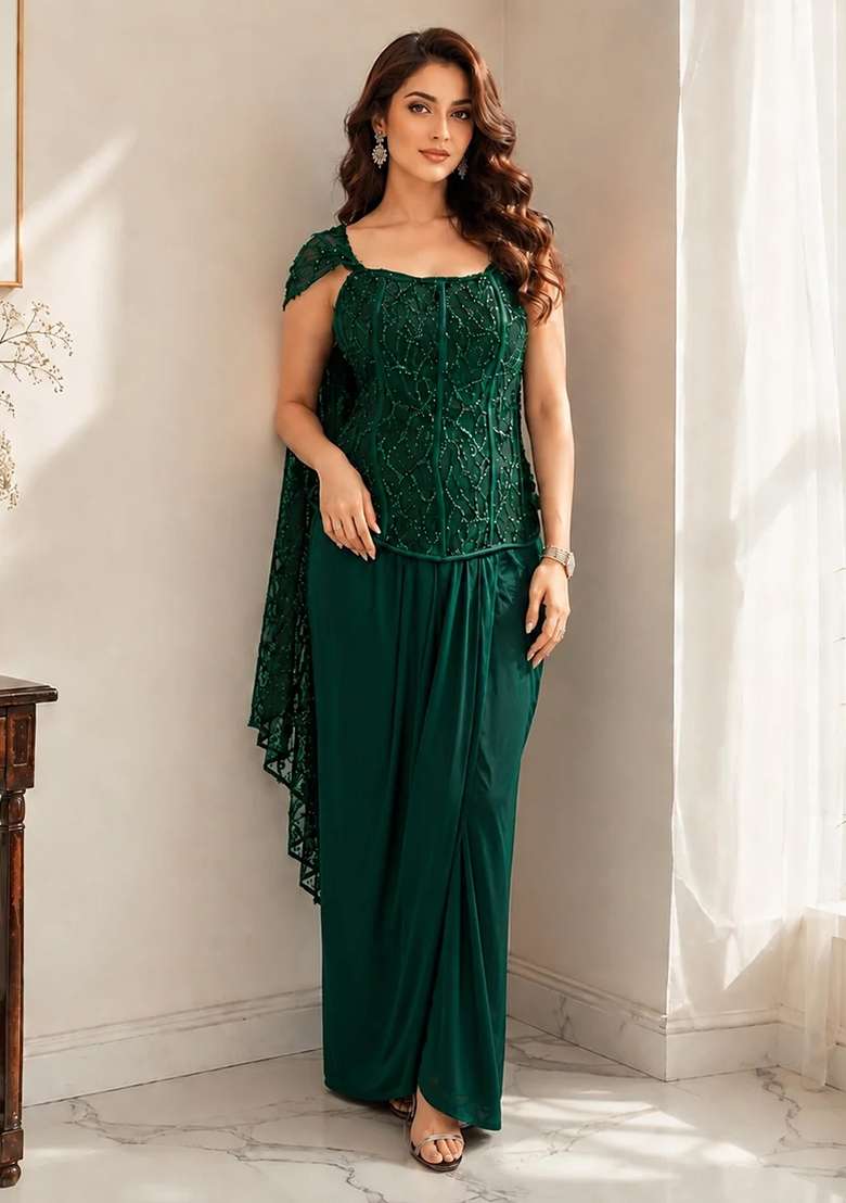 Emerald Green Corset Drape in Imported with Hand Crepe Dress with Embroidery for Diwali | Wedding & Festive Wear - Indya