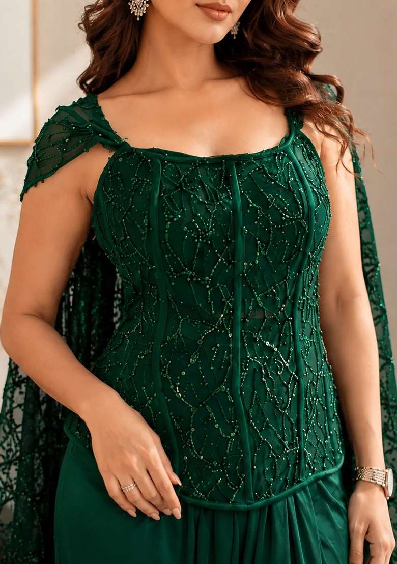 Emerald Green Corset Drape in Imported with Hand Crepe Dress with Embroidery for Diwali | Wedding & Festive Wear - Indya