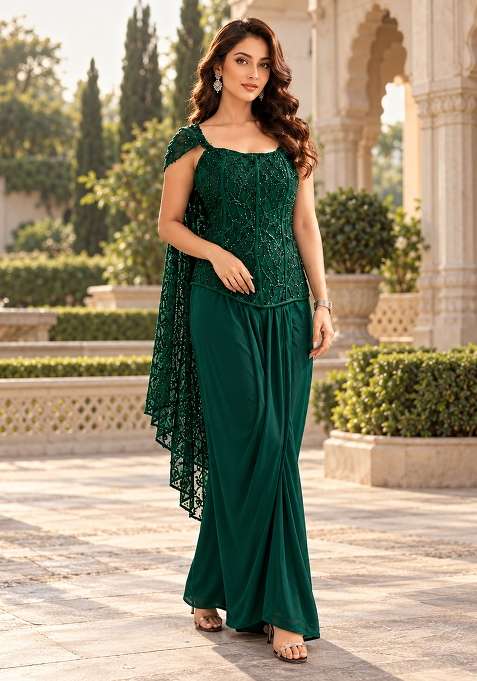 Emerald Green Corset Drape in Imported with Hand Crepe Dress with Embroidery for Diwali | Wedding & Festive Wear