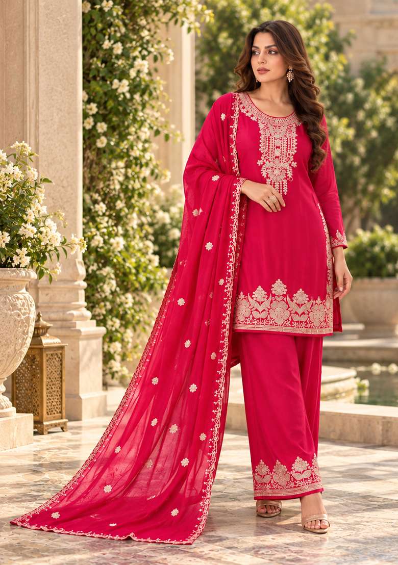 Hot Pink Kurta Pant Dupatta Set in Pure Chinon with Hand Embroidery - Indya