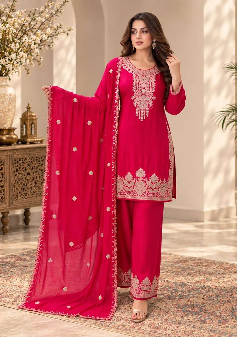 Hot Pink Kurta Pant Dupatta Set in Pure Chinon with Hand Embroidery - Indya