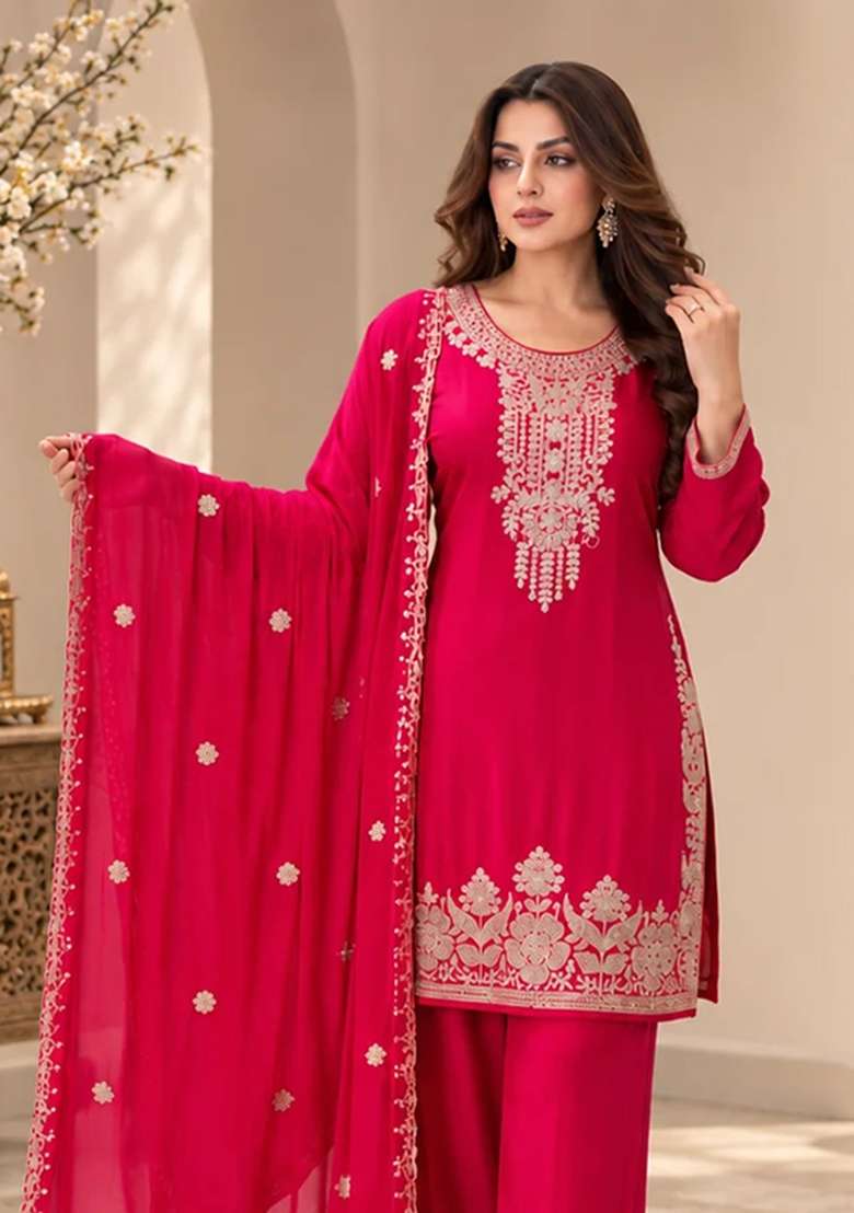 Hot Pink Kurta Pant Dupatta Set in Pure Chinon with Hand Embroidery - Indya