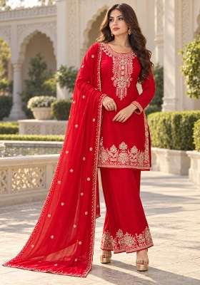 Rani Red Kurta Pant Dupatta Set in Pure Chinon with Hand Embroidery