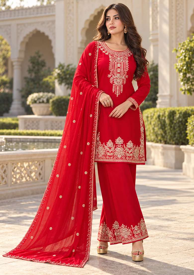 Rani Red Kurta Pant Dupatta Set in Pure Chinon with Hand Embroidery - Indya