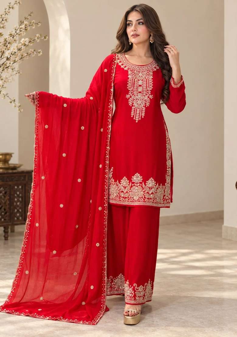 Rani Red Kurta Pant Dupatta Set in Pure Chinon with Hand Embroidery - Indya