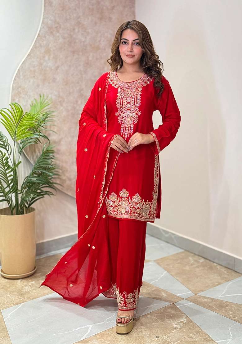 Rani Red Kurta Pant Dupatta Set in Pure Chinon with Hand Embroidery - Indya