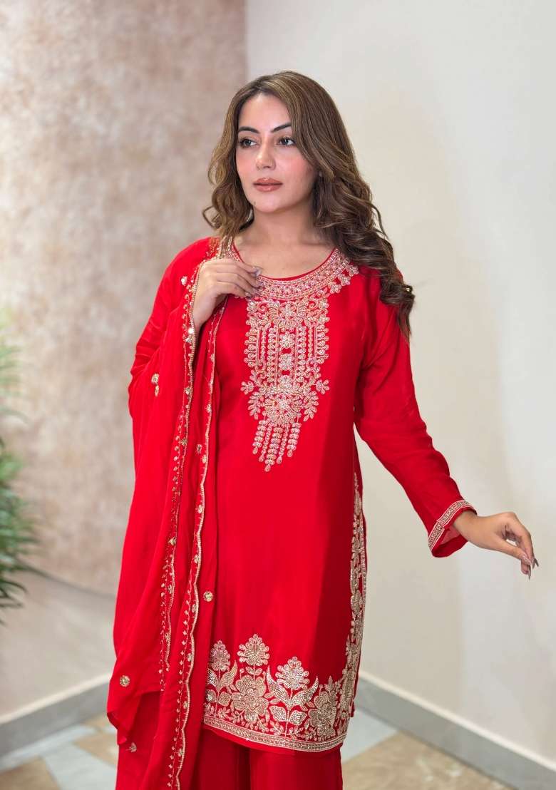 Rani Red Kurta Pant Dupatta Set in Pure Chinon with Hand Embroidery - Indya