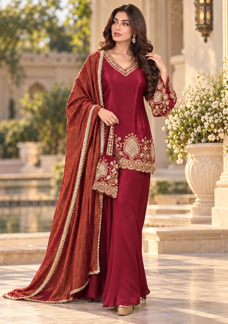 Maroon Peplum Sharara Set in Pure Crepe with Hand Embroidery - Indya