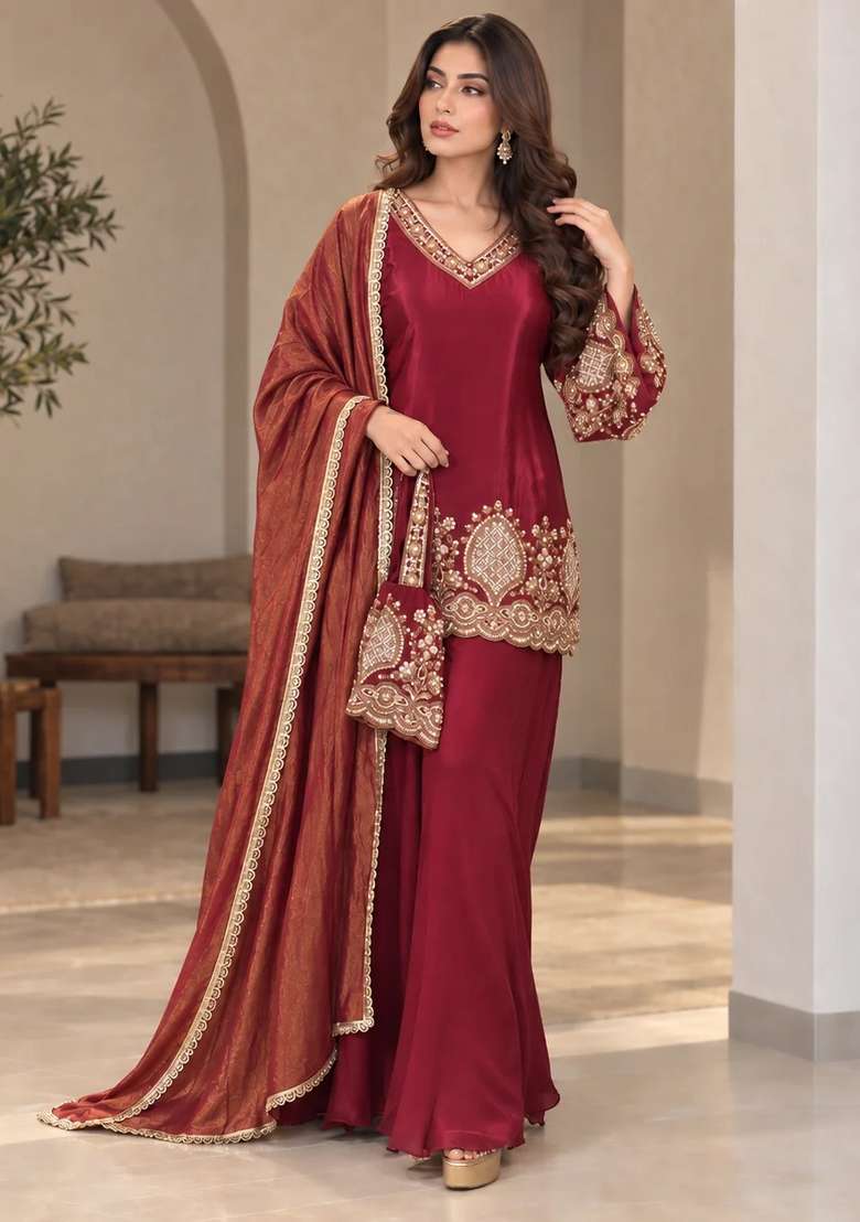 Maroon Peplum Sharara Set in Pure Crepe with Hand Embroidery - Indya