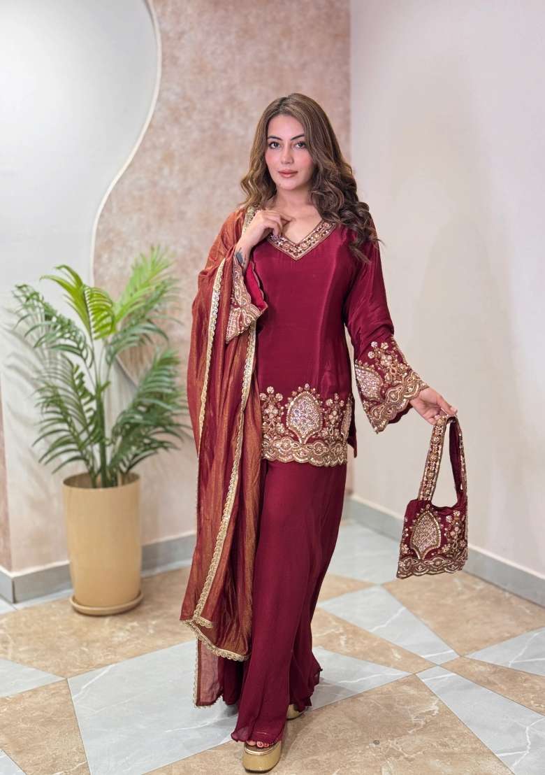 Maroon Peplum Sharara Set in Pure Crepe with Hand Embroidery - Indya