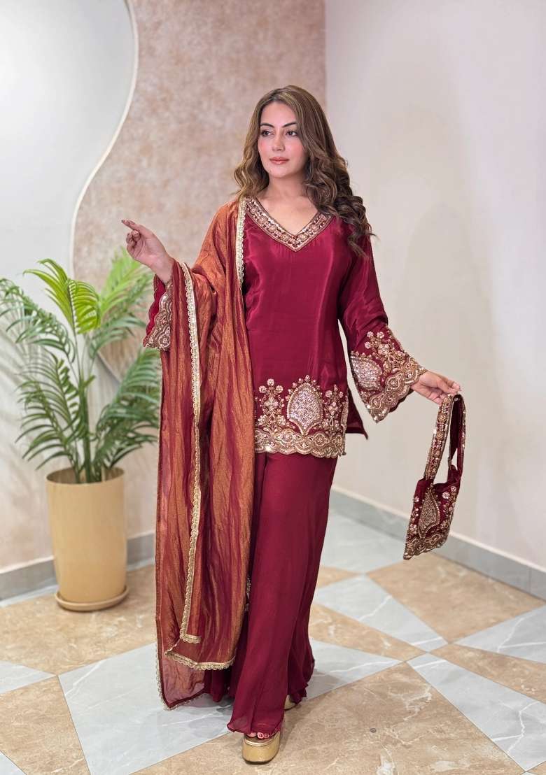 Maroon Peplum Sharara Set in Pure Crepe with Hand Embroidery - Indya