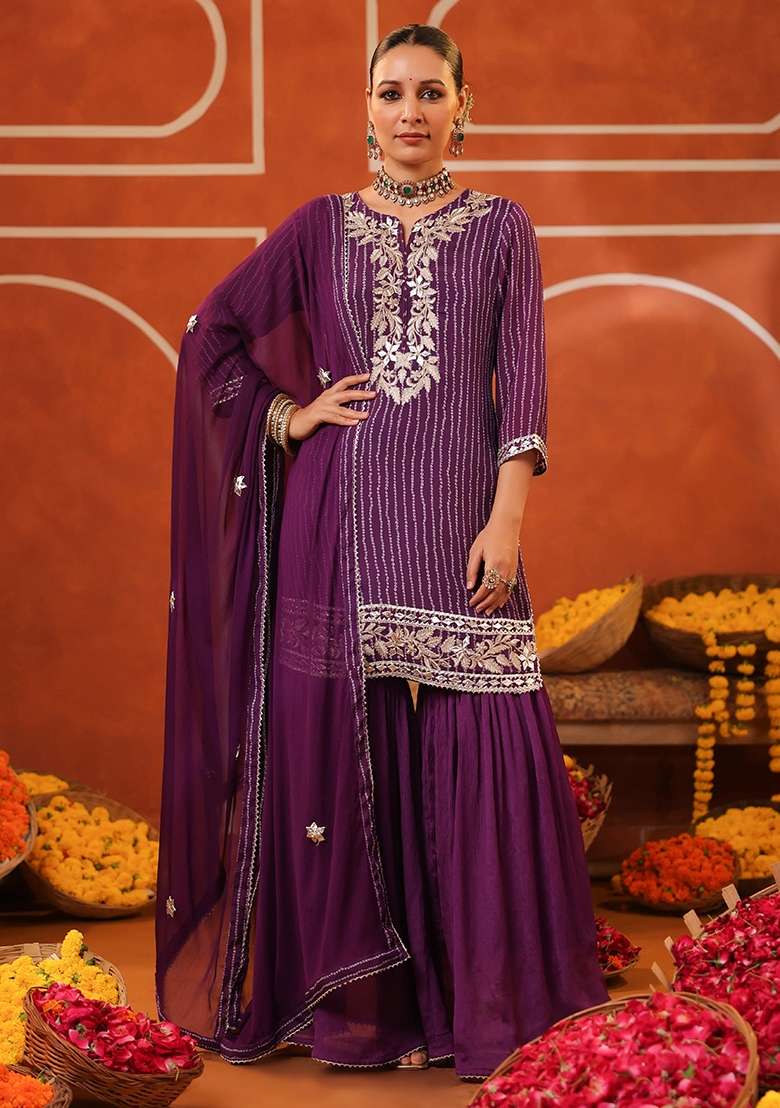 Purple Sharara Set in Pure Georgette with Silver Thread Embroidery - Indya
