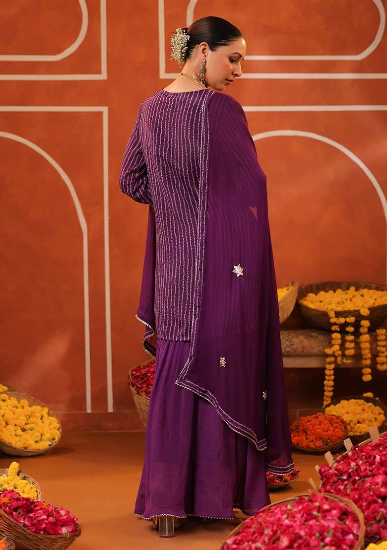 Purple Sharara Set in Pure Georgette with Silver Thread Embroidery - Indya