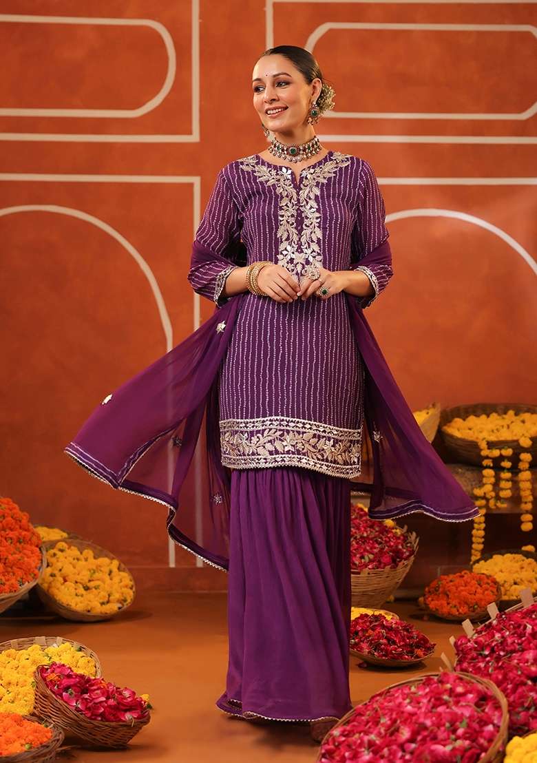 Purple Sharara Set in Pure Georgette with Silver Thread Embroidery - Indya
