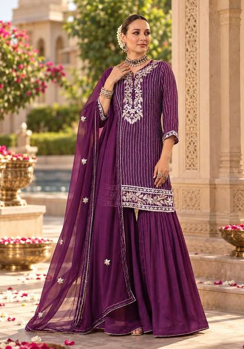 Purple Sharara Set in Pure Georgette with Silver Thread Embroidery