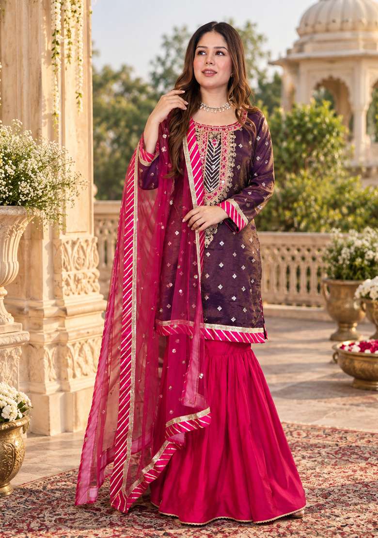 Purple Sharara Set in Pure Tissue Organza with Mirror Work and Woven Detailing - Indya