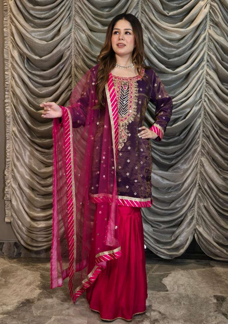 Purple Sharara Set in Pure Tissue Organza with Mirror Work and Woven Detailing - Indya