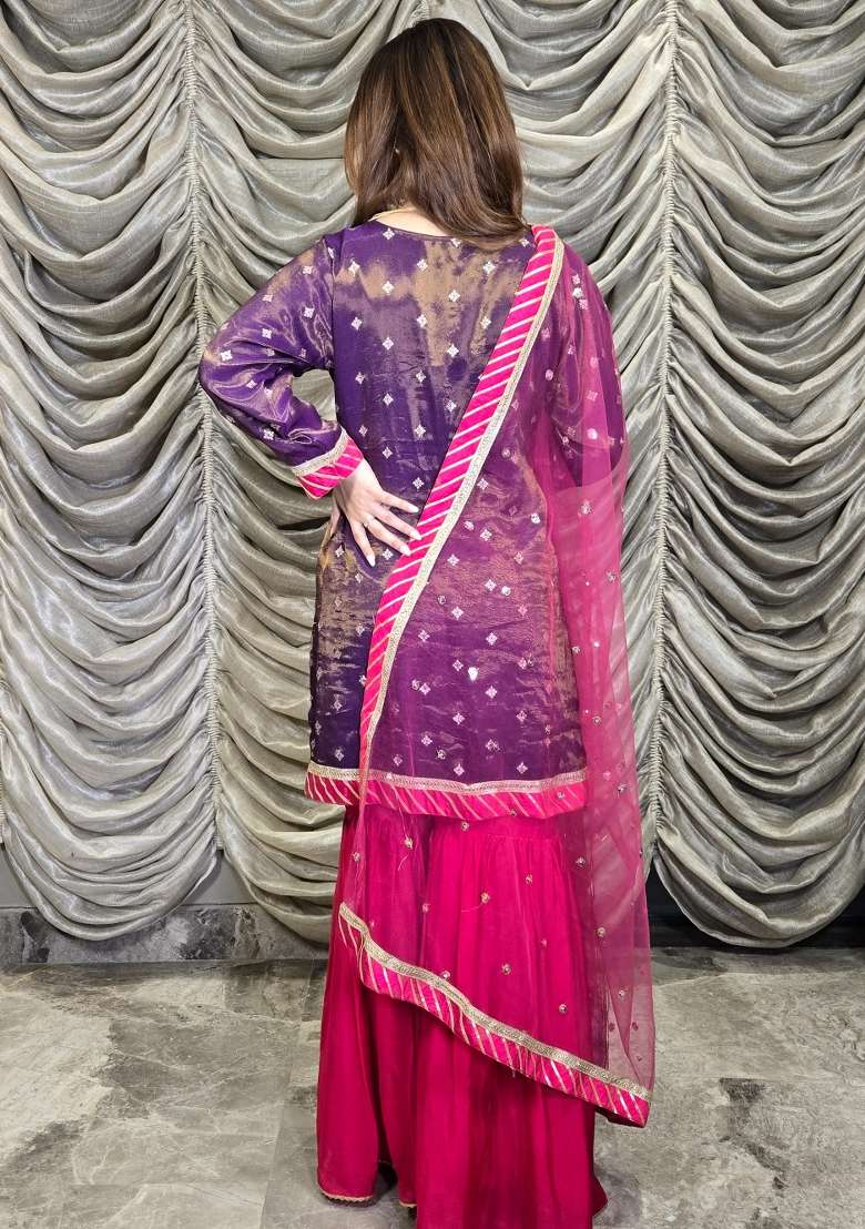 Purple Sharara Set in Pure Tissue Organza with Mirror Work and Woven Detailing - Indya