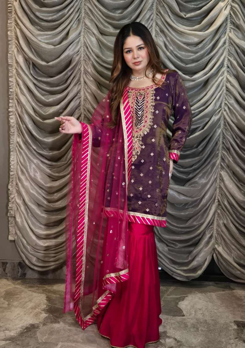 Purple Sharara Set in Pure Tissue Organza with Mirror Work and Woven Detailing - Indya