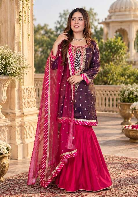 Purple Sharara Set in Pure Tissue Organza with Mirror Work and Woven Detailing