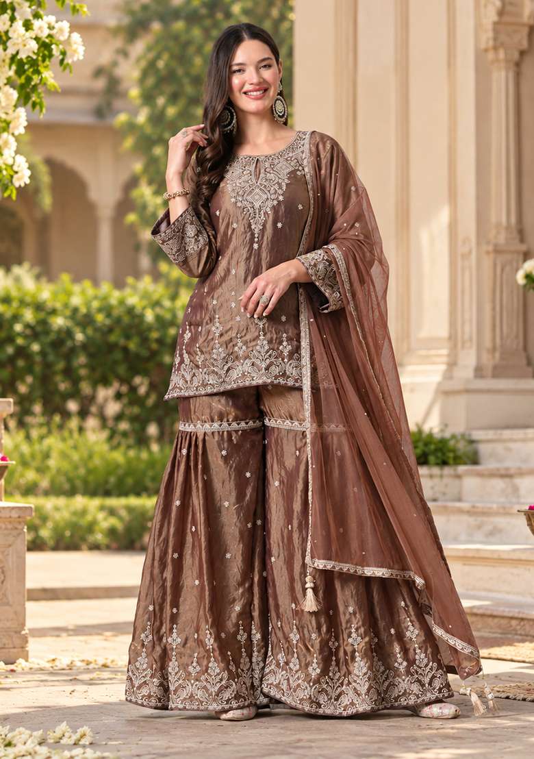 Brown Sharara Set in Pure Tissue with Zari Zardozi and Mirror Work - Indya