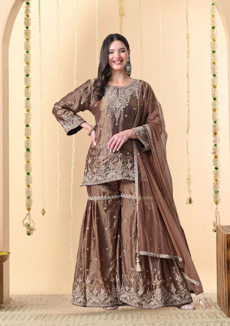 Brown Sharara Set in Pure Tissue with Zari Zardozi and Mirror Work - Indya