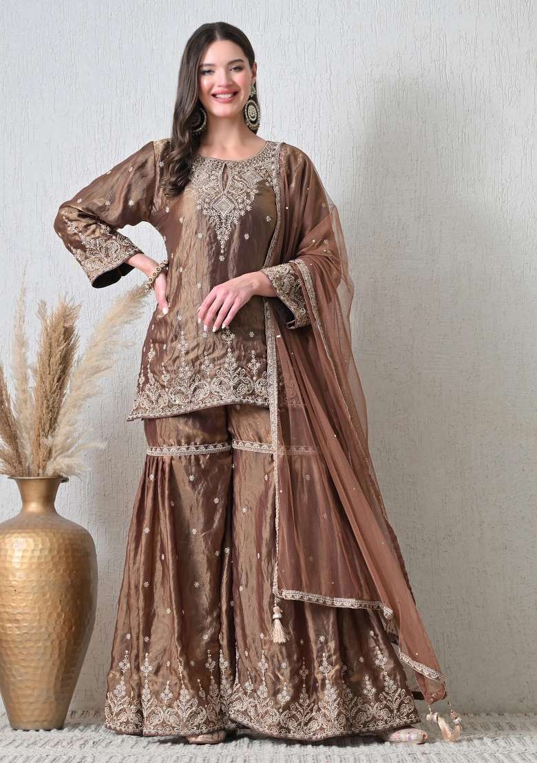 Brown Sharara Set in Pure Tissue with Zari Zardozi and Mirror Work - Indya