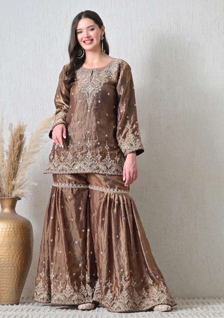 Brown Sharara Set in Pure Tissue with Zari Zardozi and Mirror Work - Indya