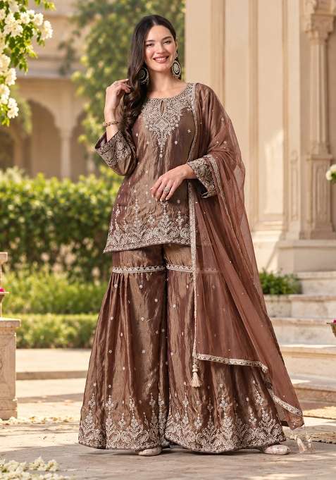 Brown Sharara Set in Pure Tissue with Zari Zardozi and Mirror Work
