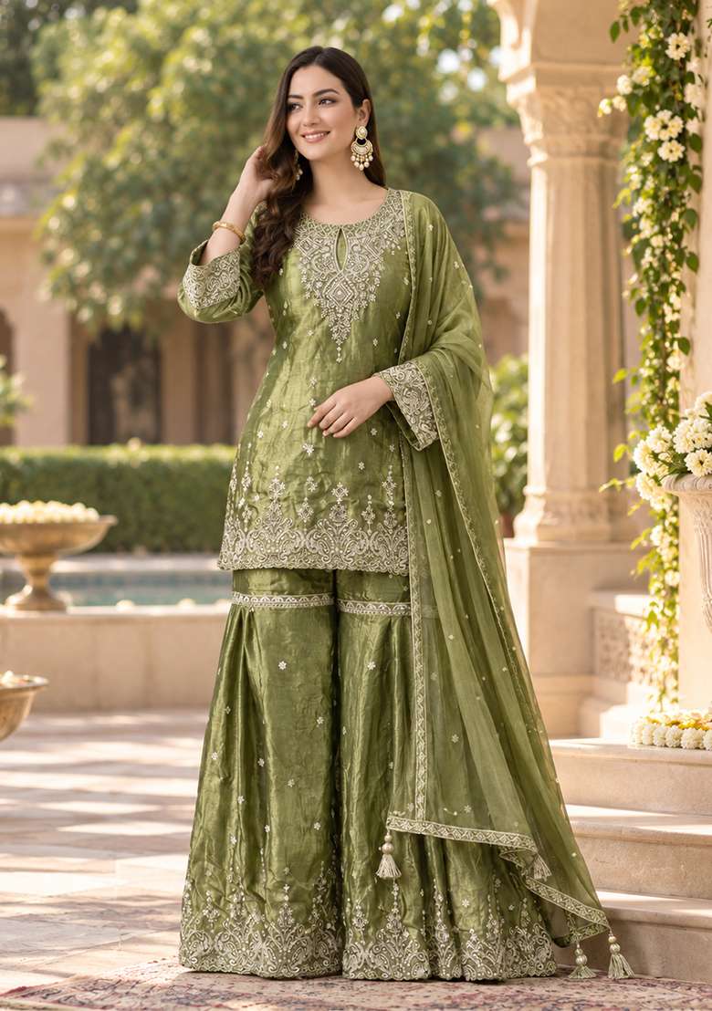 Olive Sharara Set in Pure Tissue with Zari Zardozi and Mirror Work - Indya