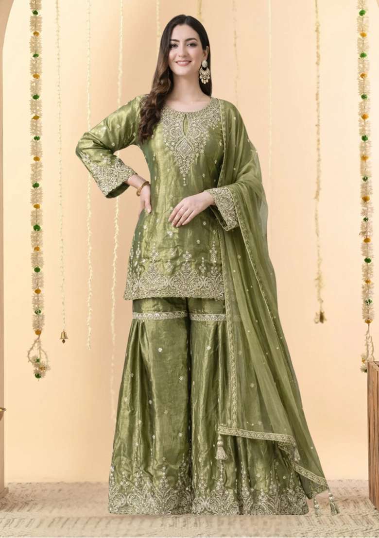 Olive Sharara Set in Pure Tissue with Zari Zardozi and Mirror Work - Indya