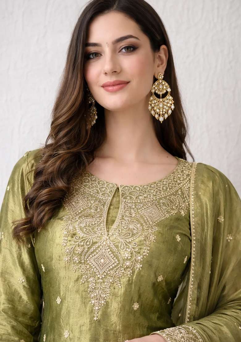 Olive Sharara Set in Pure Tissue with Zari Zardozi and Mirror Work - Indya