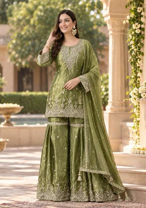 Olive Sharara Set in Pure Tissue with Zari Zardozi and Mirror Work