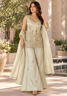 Off White Kurta Pant Dupatta Set in Pure Tissue with Hand Embroidery