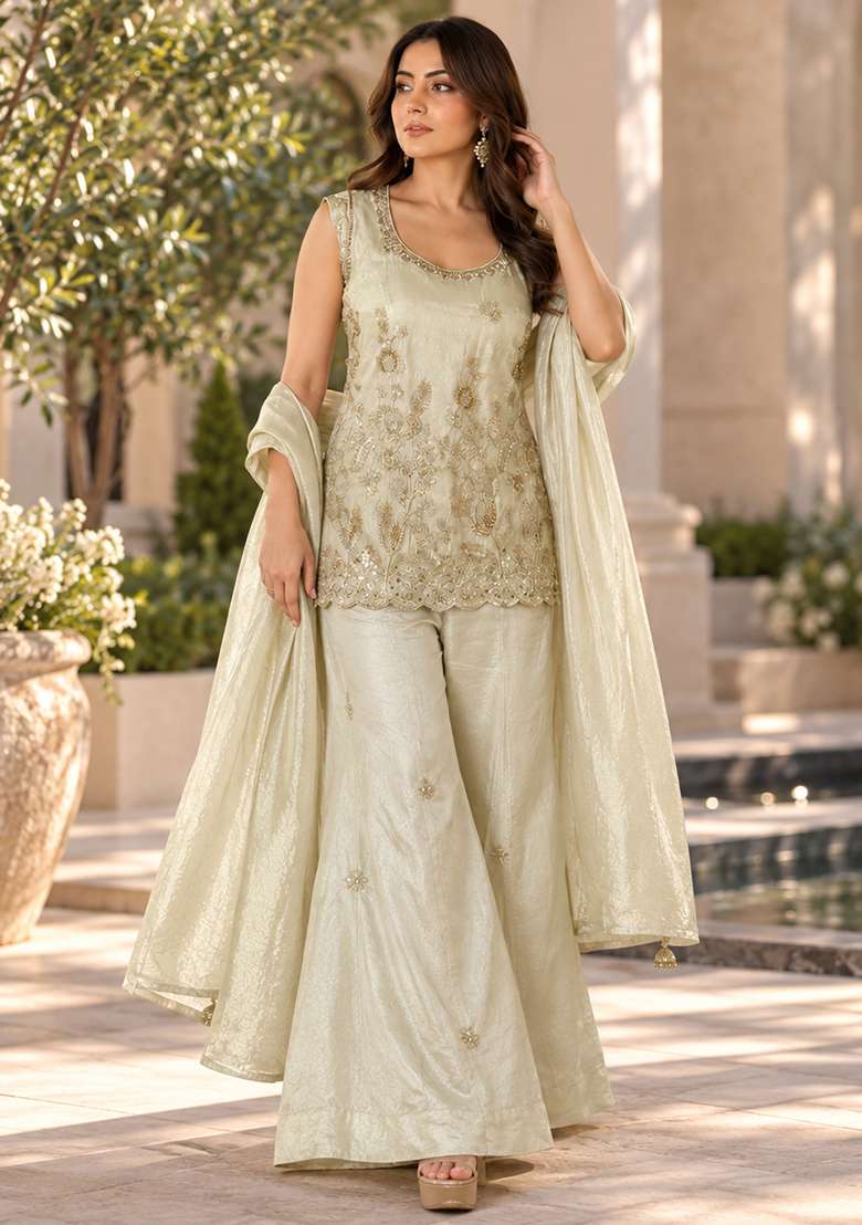 Off White Kurta Pant Dupatta Set in Pure Tissue with Hand Embroidery - Indya
