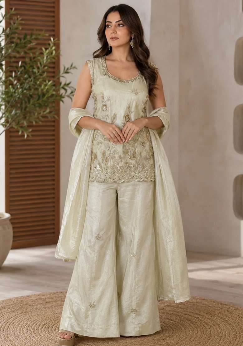 Off White Kurta Pant Dupatta Set in Pure Tissue with Hand Embroidery - Indya