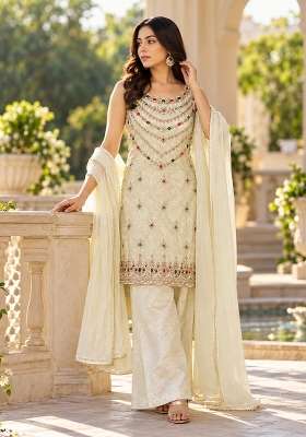Off White Kurta Pant Dupatta Set in Pure Tissue with Handcrafted Embroidery