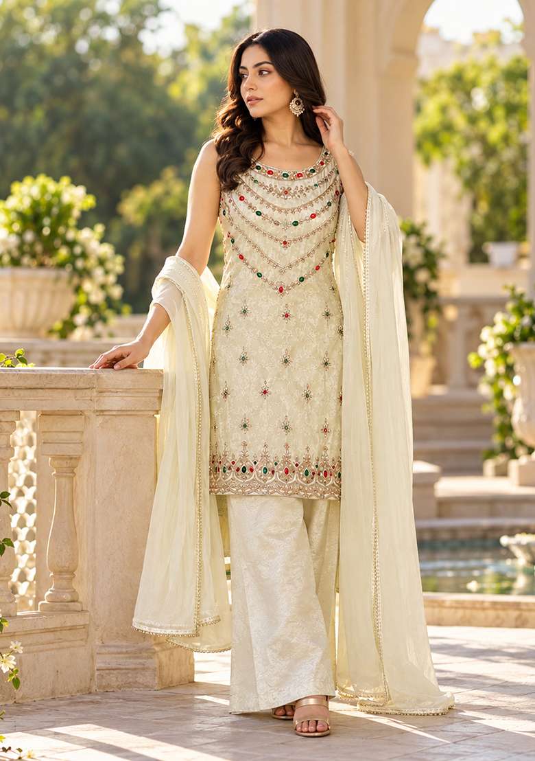 Off White Kurta Pant Dupatta Set in Pure Tissue with Handcrafted Embroidery - Indya