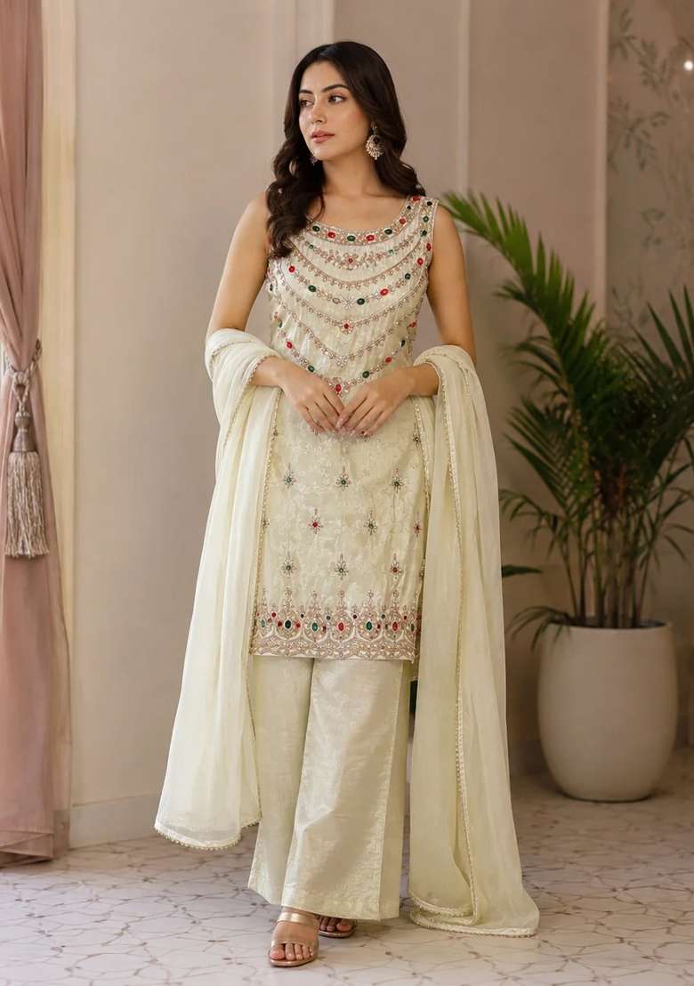 Off White Kurta Pant Dupatta Set in Pure Tissue with Handcrafted Embroidery - Indya
