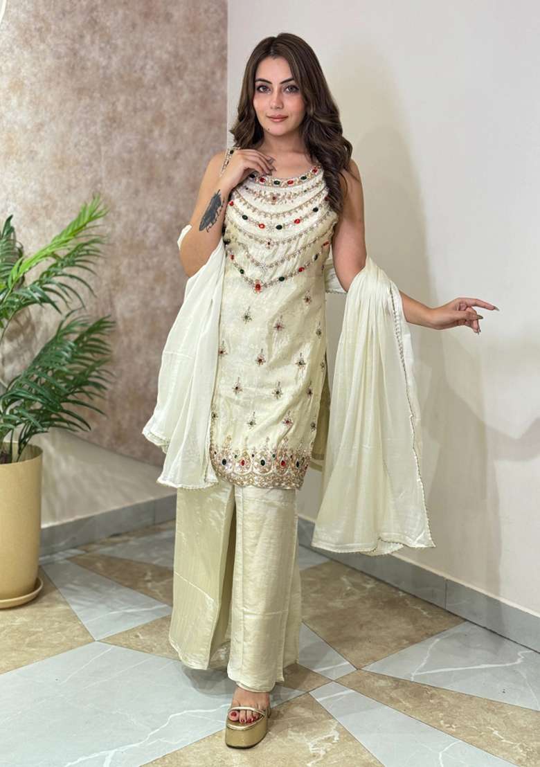 Off White Kurta Pant Dupatta Set in Pure Tissue with Handcrafted Embroidery - Indya