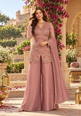 Peach Sharara Set in Pure Chinon with Mirror Work and Hand Embroidery