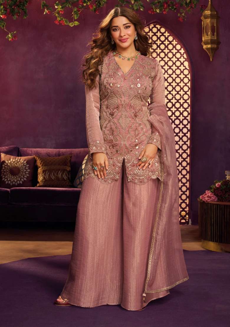 Peach Sharara Set in Pure Chinon with Mirror Work and Hand Embroidery - Indya