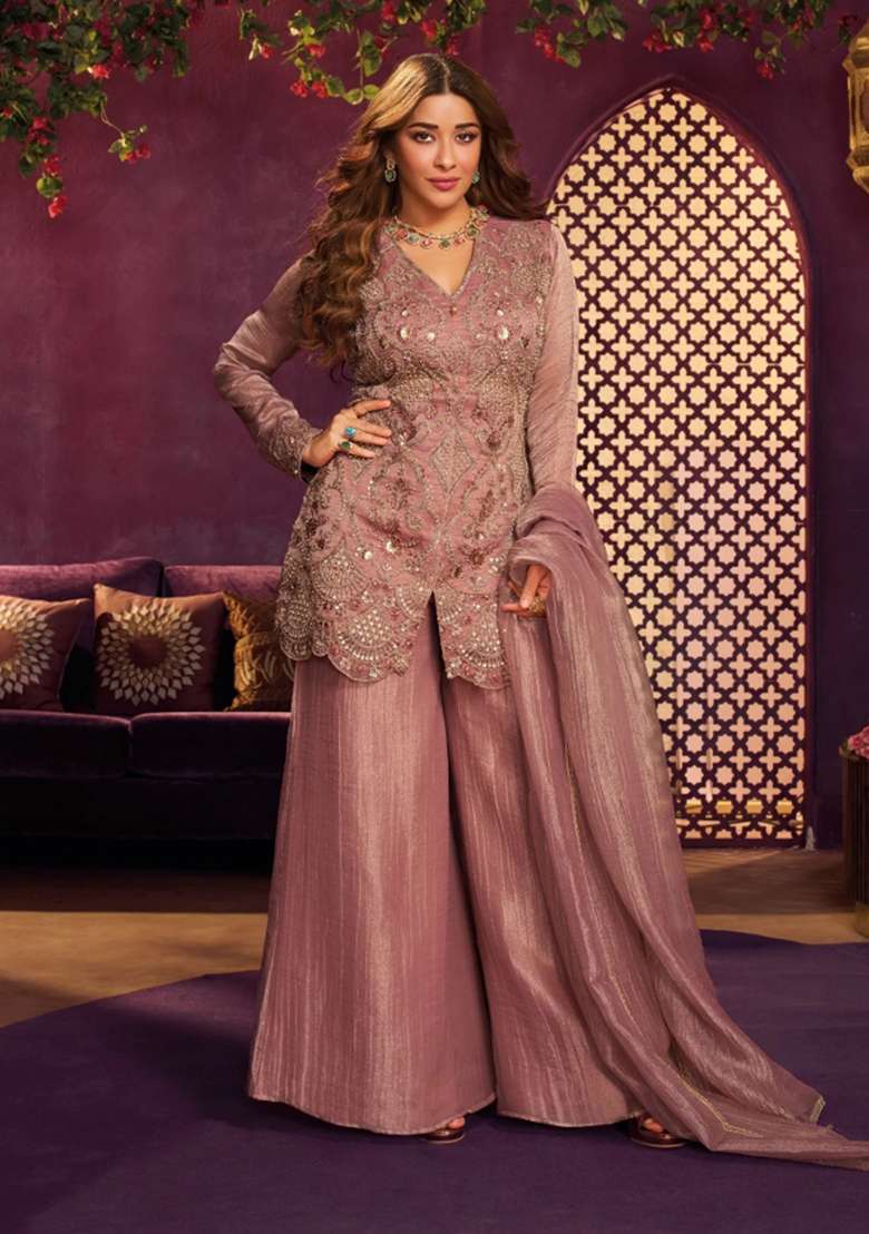 Peach Sharara Set in Pure Chinon with Mirror Work and Hand Embroidery - Indya