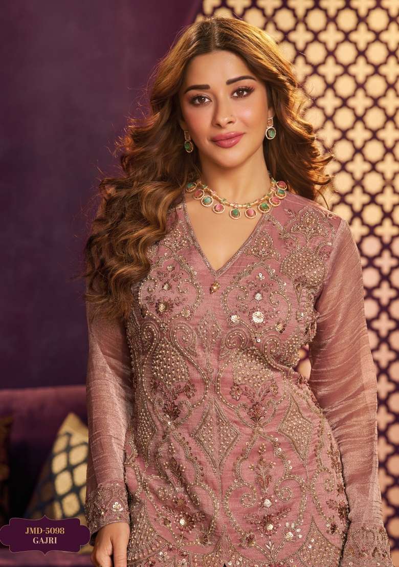 Peach Sharara Set in Pure Chinon with Mirror Work and Hand Embroidery - Indya
