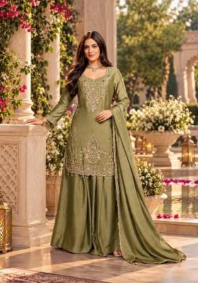 Green Kurta Pant Dupatta Set in Pure Chinon with Mirror Work and Hand Embroidery